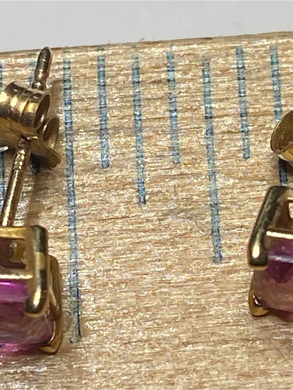 14K Yellow Gold Pink Sapphire Square Stud Post Earrings - Picture 7 of 8